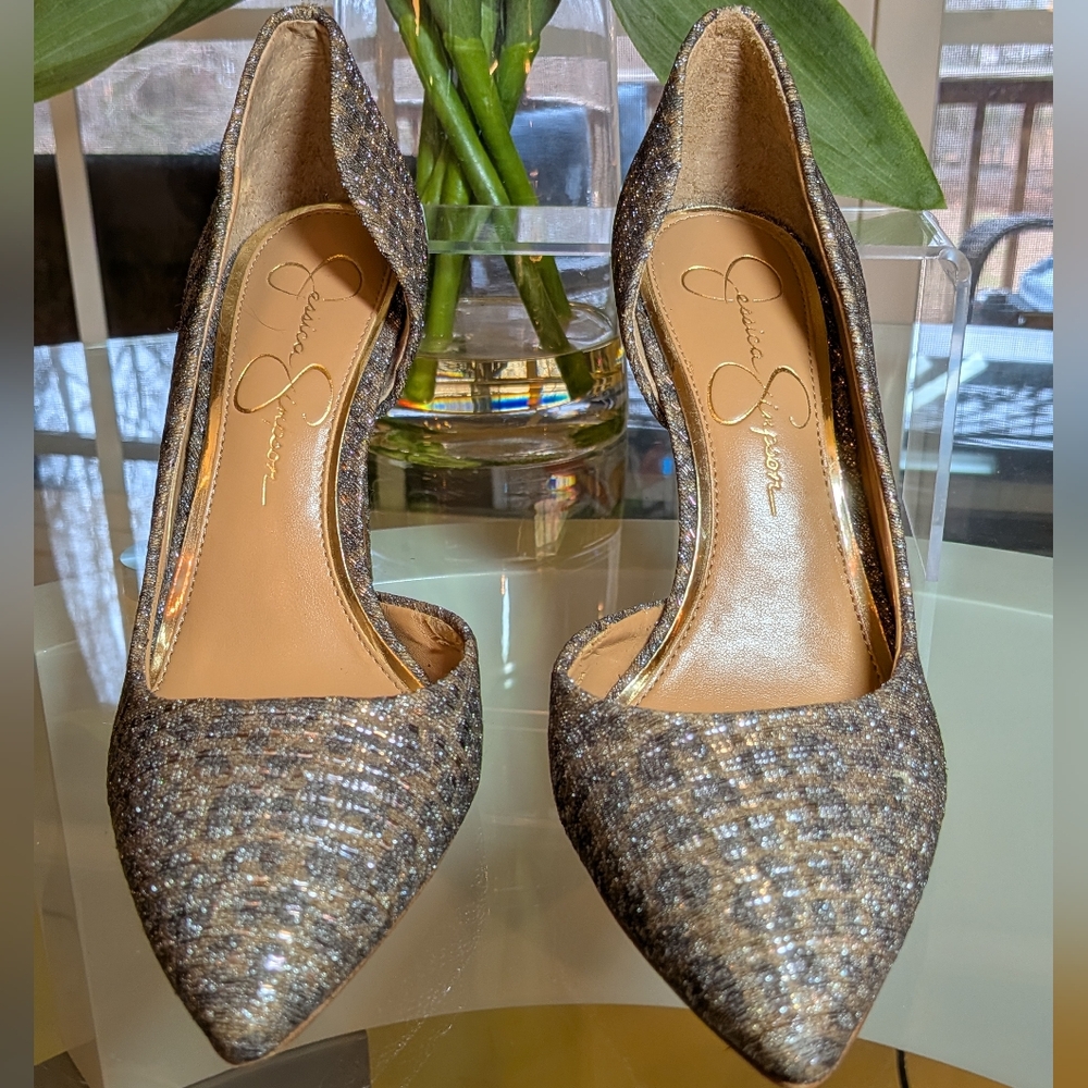 Jessica Simpson Prizma Metallic Tweed Heels - Silver Gold Sz 7/37.5